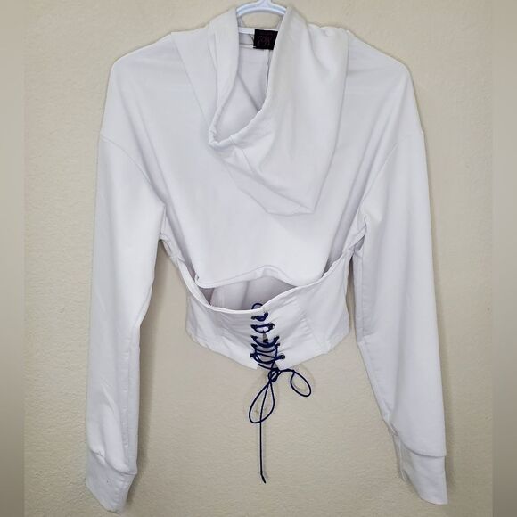 White Long Sleeve Crop Top Hoodie with Corset and Lace-Up Open Back - Picture 3 of 10